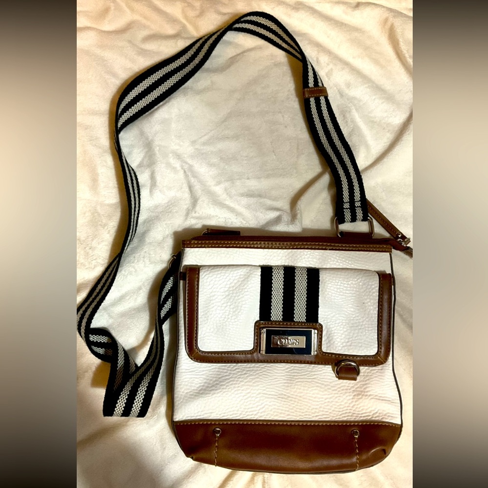 Chaps Crossbody Leather Purse with adjustable strap tan/white/navy color mix
